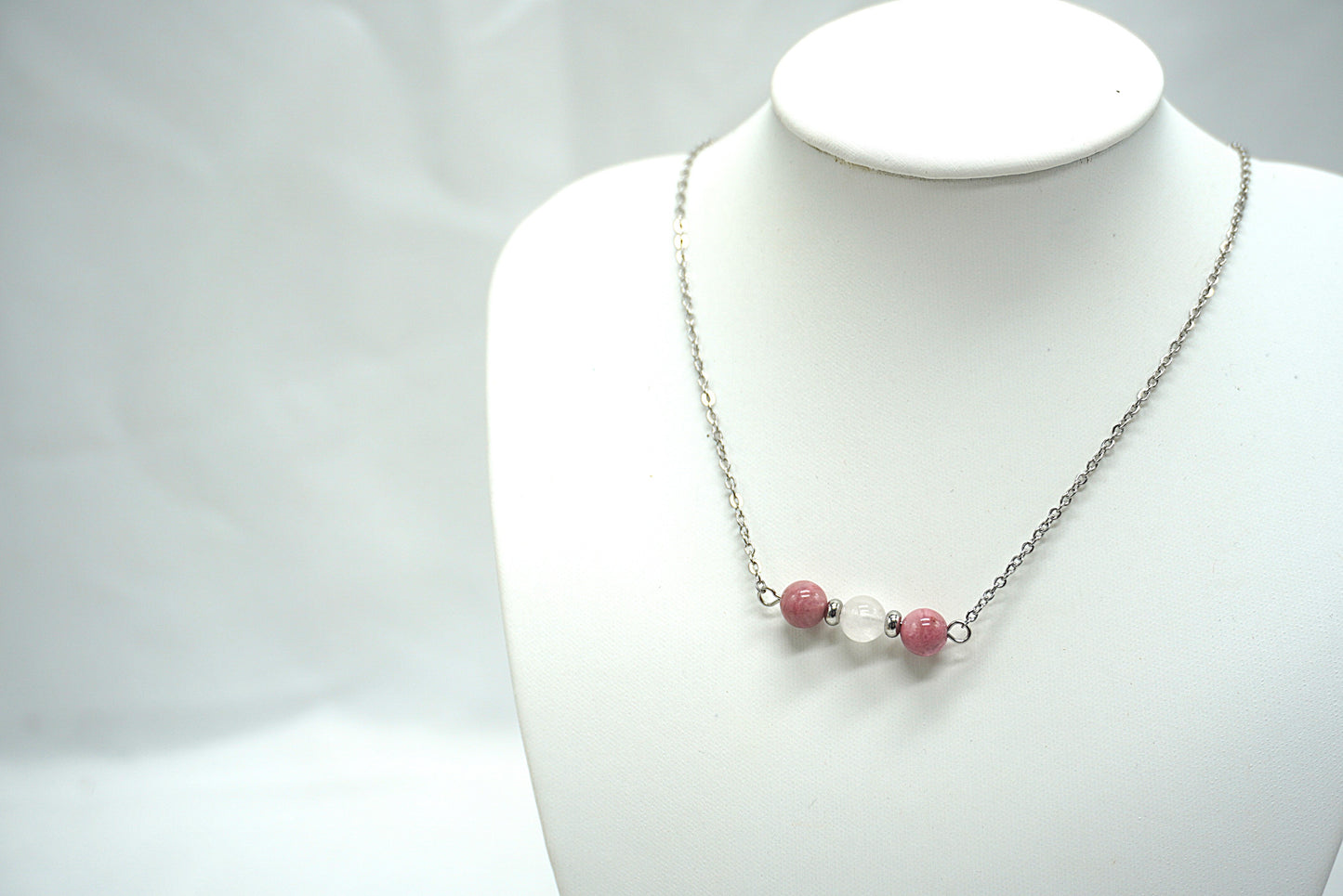 COLLIER ARGENTE RHODONITE QUARTZ ROSE