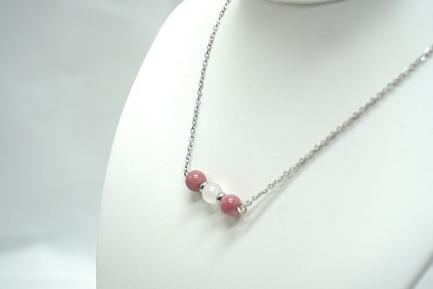 COLLIER ARGENTE RHODONITE QUARTZ ROSE