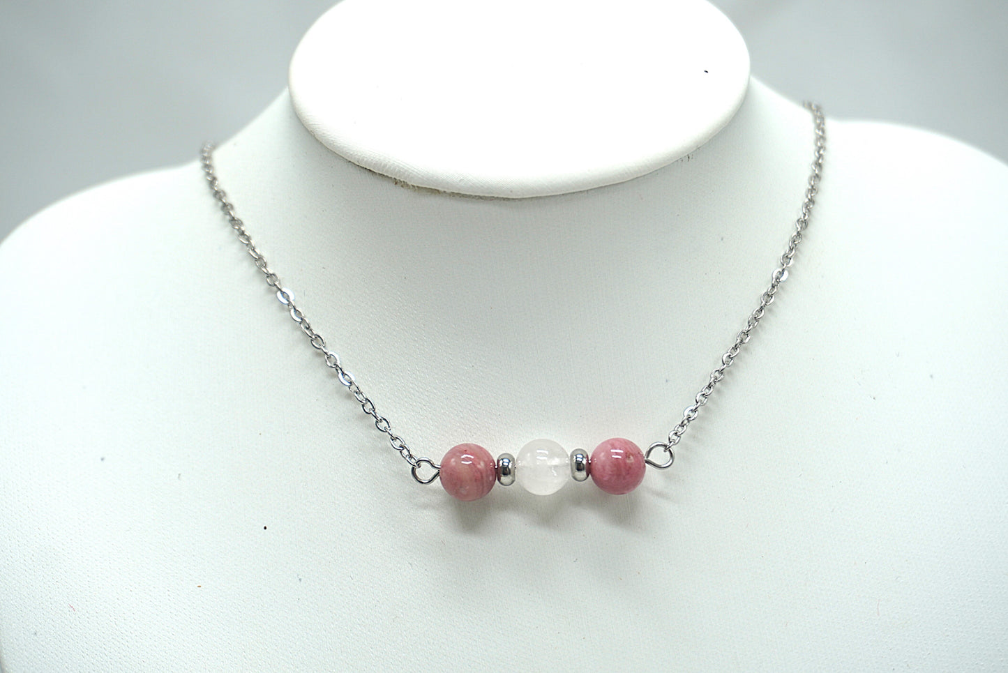 COLLIER ARGENTE RHODONITE QUARTZ ROSE