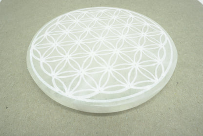 SELENITE PLAQUE RECHARGEMENT FLEUR DE VIE (14CM)