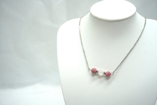 COLLIER ARGENTE RHODONITE QUARTZ ROSE