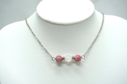 COLLIER ARGENTE RHODONITE QUARTZ ROSE