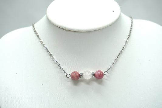 COLLIER ARGENTE RHODONITE QUARTZ ROSE